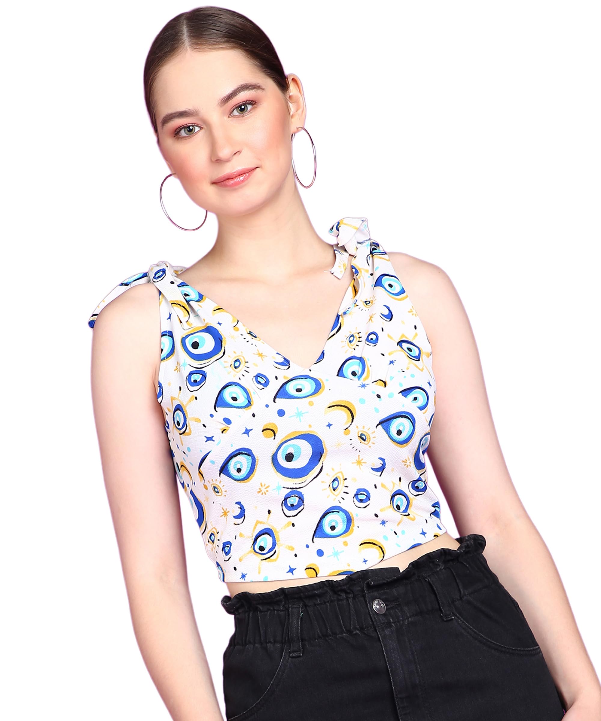 POPWINGS Women Casual White Eye Printed Sleeveless Self Design Strap Knot Crop Top
