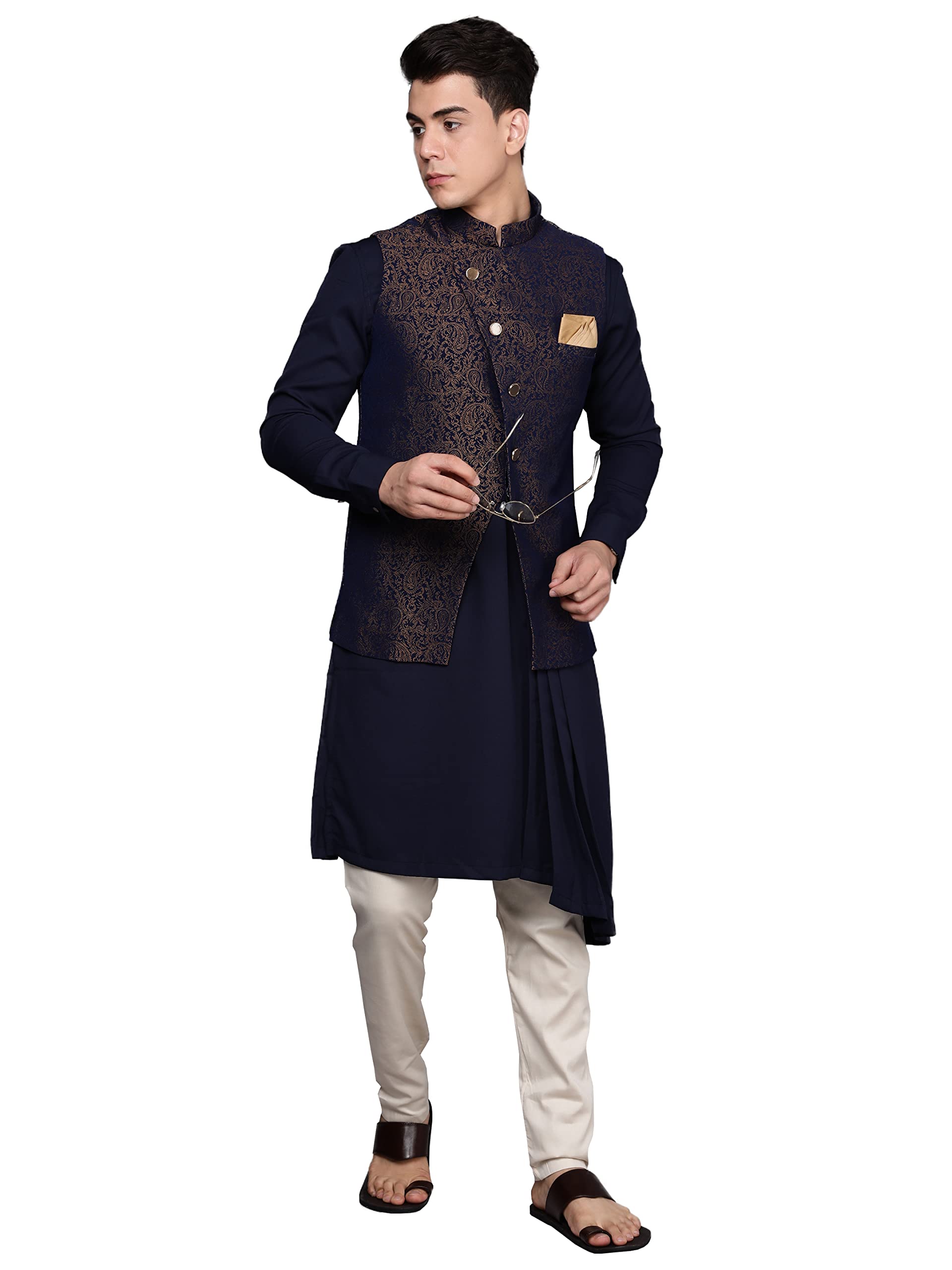 Manyavar Kurta Jacket Set For Men, Full Sleeves Mandarin Collar Ethnic Kurta Jacket Set Art Silk (Blue, Xl)