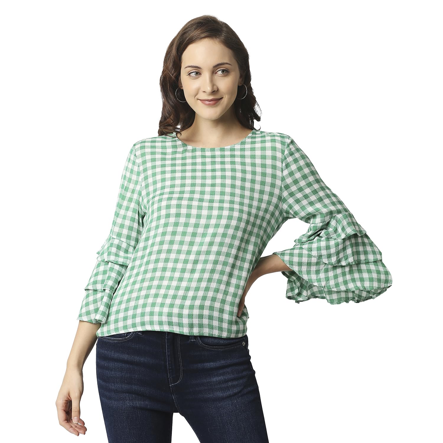 Pepe Jeans Womens Salome Gingham Checks Top With Layered Sleeve, Fresh Green,Xl