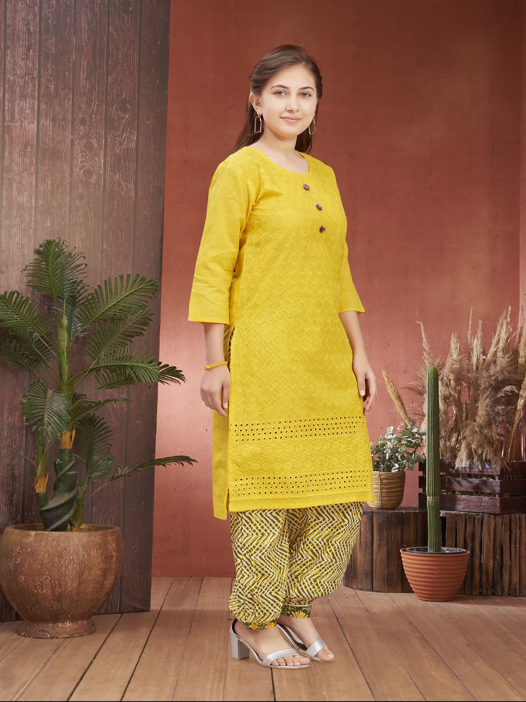 Aarika Girls Casual Wear Yellow Colour Embroidery Cotton Kurti (7-15 Years)