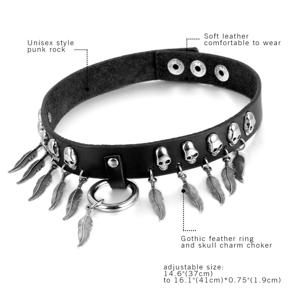 OIDEA Halloween Cosplay jewelry Womens Gothic Leather Choker Collar Necklace,Ring Feather,Skull Pendant Punk Rock Necklace, Hall