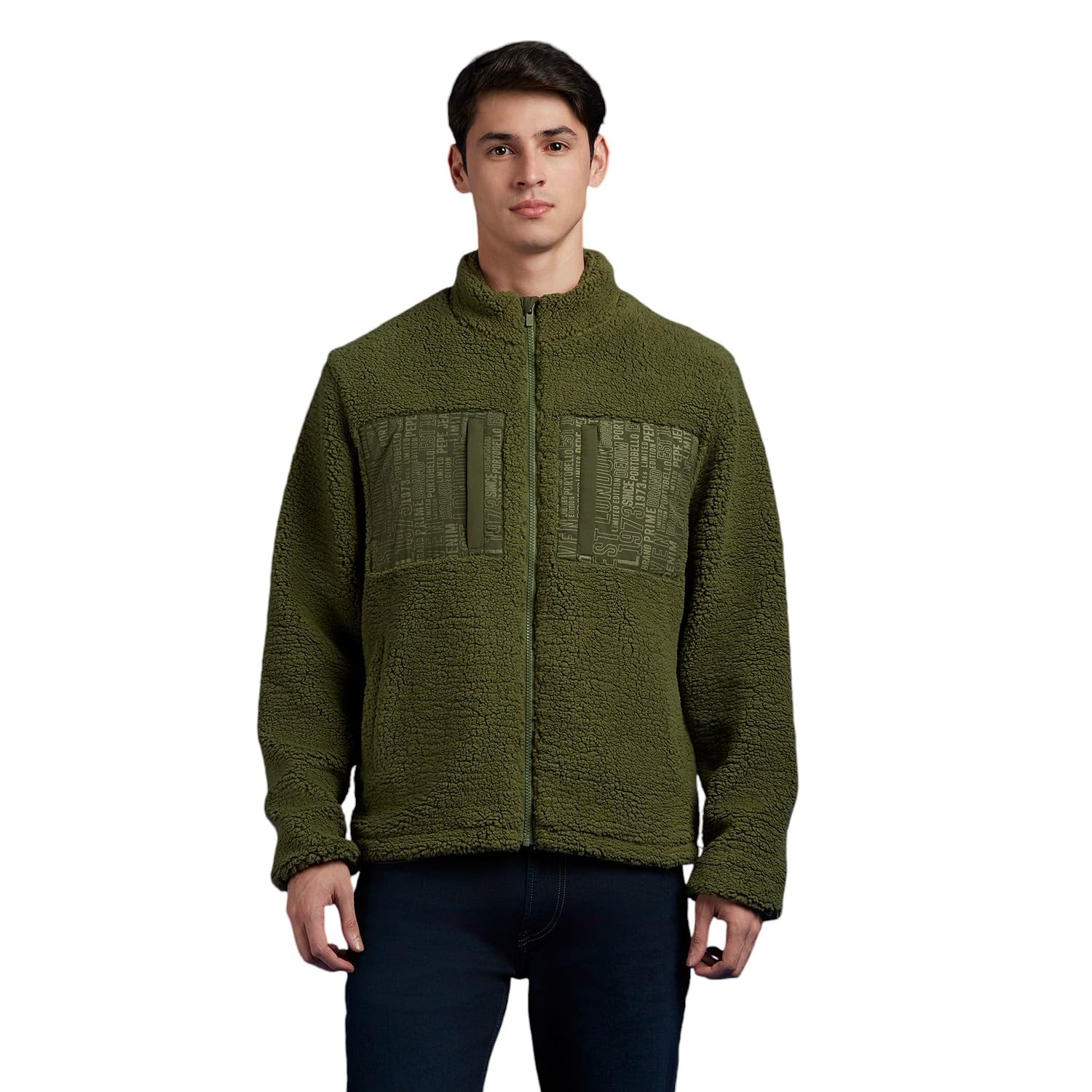 Olive Typographic Print Full Sleeve Jacket