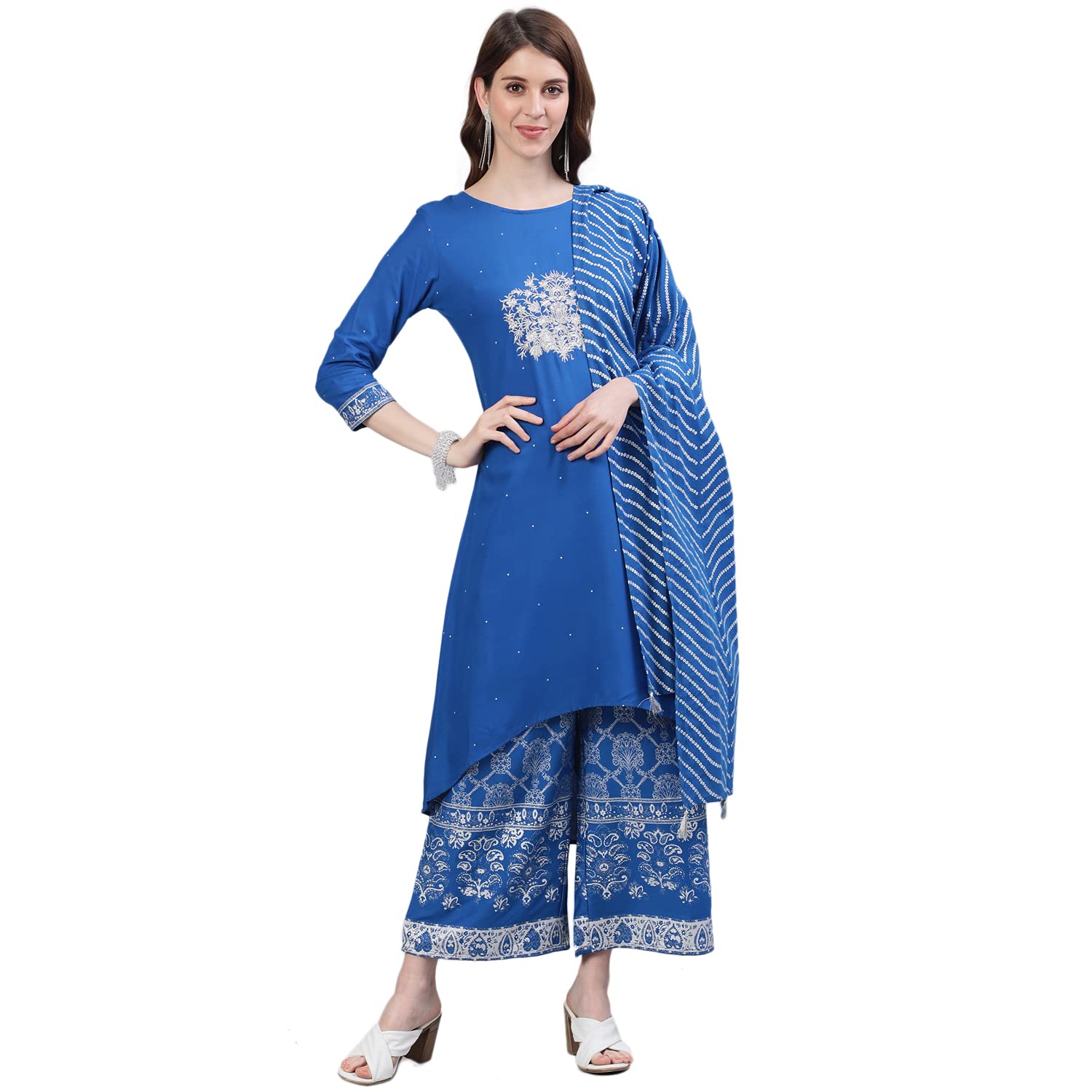 Ishin Womens Viscose Rayon Blue Embroidered Anarkali Kurta Suit Set With Palazzos Xynw0Re-Kpre-141D_Xl_Blue