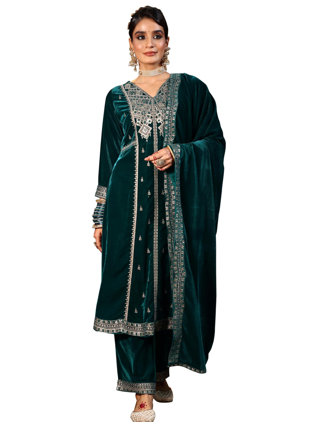 Libas Womens Embroidered Velvet A-Line Kurta With Trousers And Dupatta