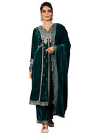 Libas Womens Embroidered Velvet A-Line Kurta With Trousers And Dupatta