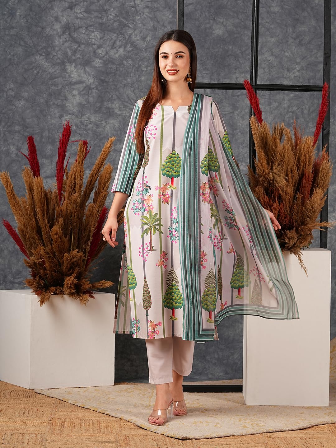 ANNI DESIGNER Ladies Cotton Blend Dupatta Kurta Trousers, green, S