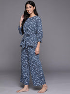 Libas Womens Printed Cotton Blend Night Suit Set For Women Blue