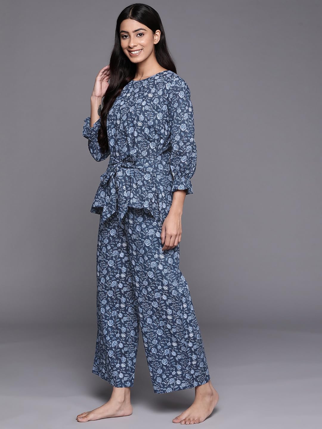 Libas Womens Printed Cotton Blend Night Suit Set For Women Blue