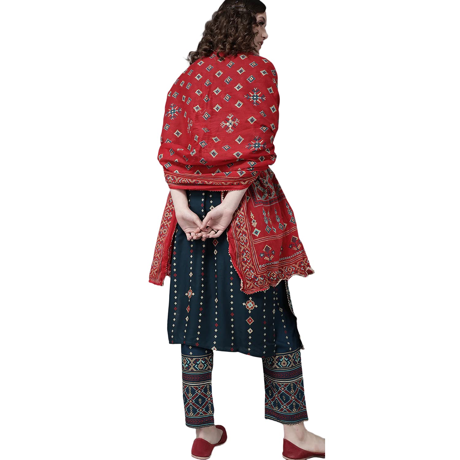 Ishin Women'S Viscose Rayon A-Line Embroidered Kurta Suit Set With Dupatta & Pant