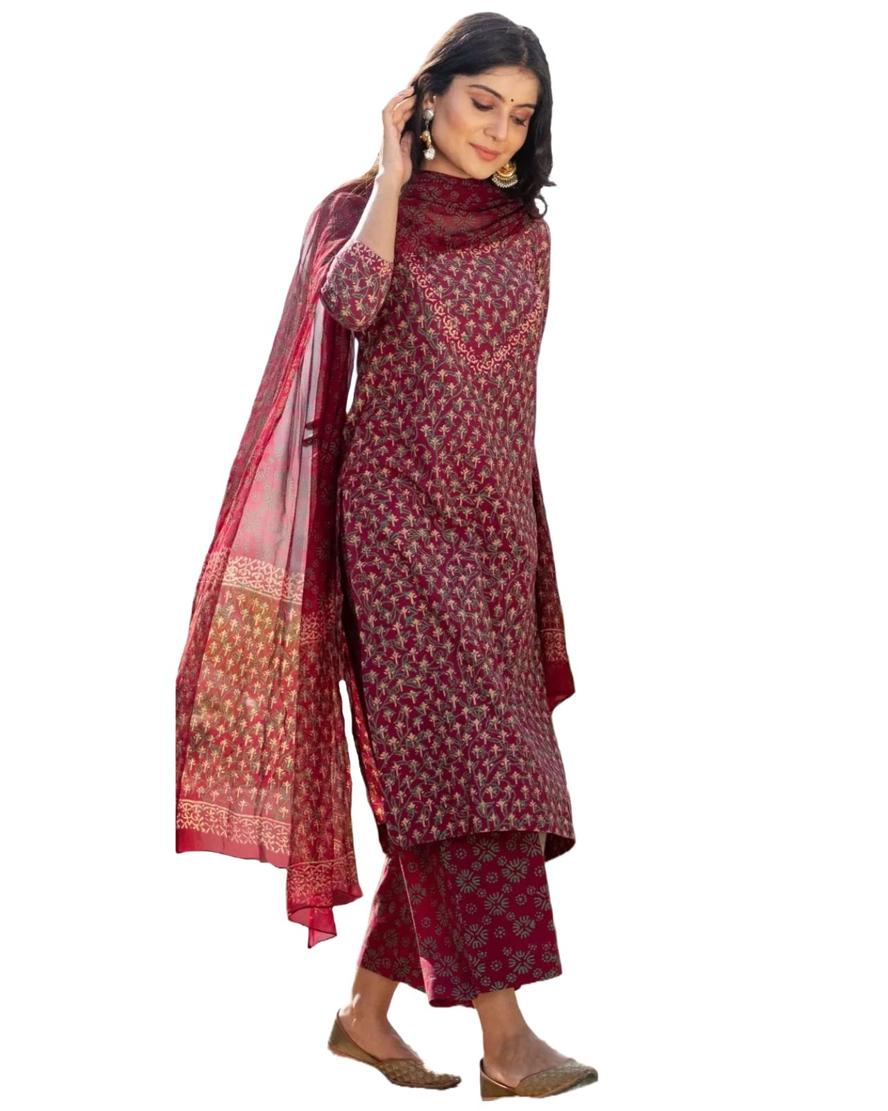 ANNI DESIGNER Womens Cotton Blend Straight Printed Kurta with Pant & Dupatta (BC Maroon_4XL_Maroon_XXXX-Large)