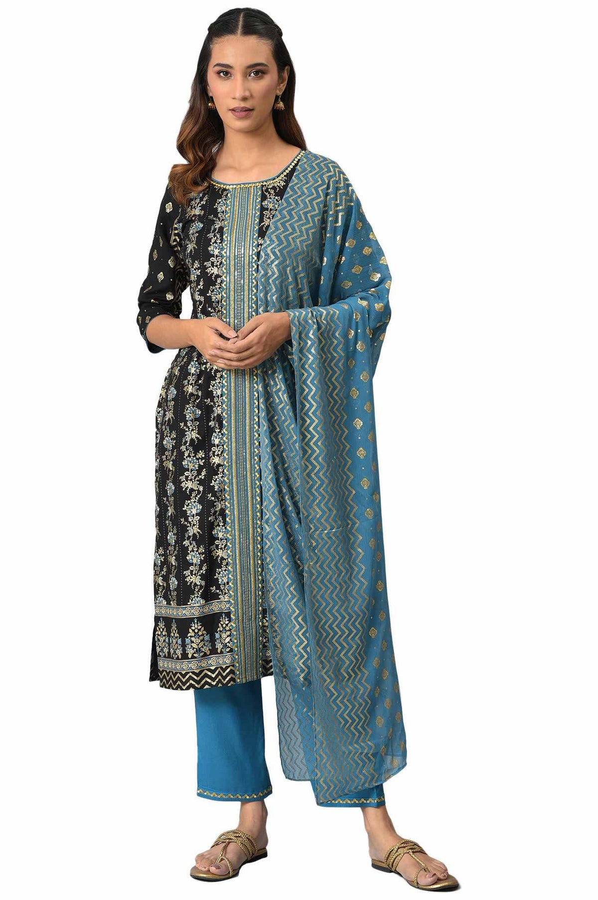 Liva Black Zari Embroidered Kurta With Blue Straight Palazzo And Dupatta Set