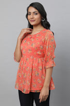 Aurelia Orange Floral Printed Printed Synthetic Regular Kurti For Women