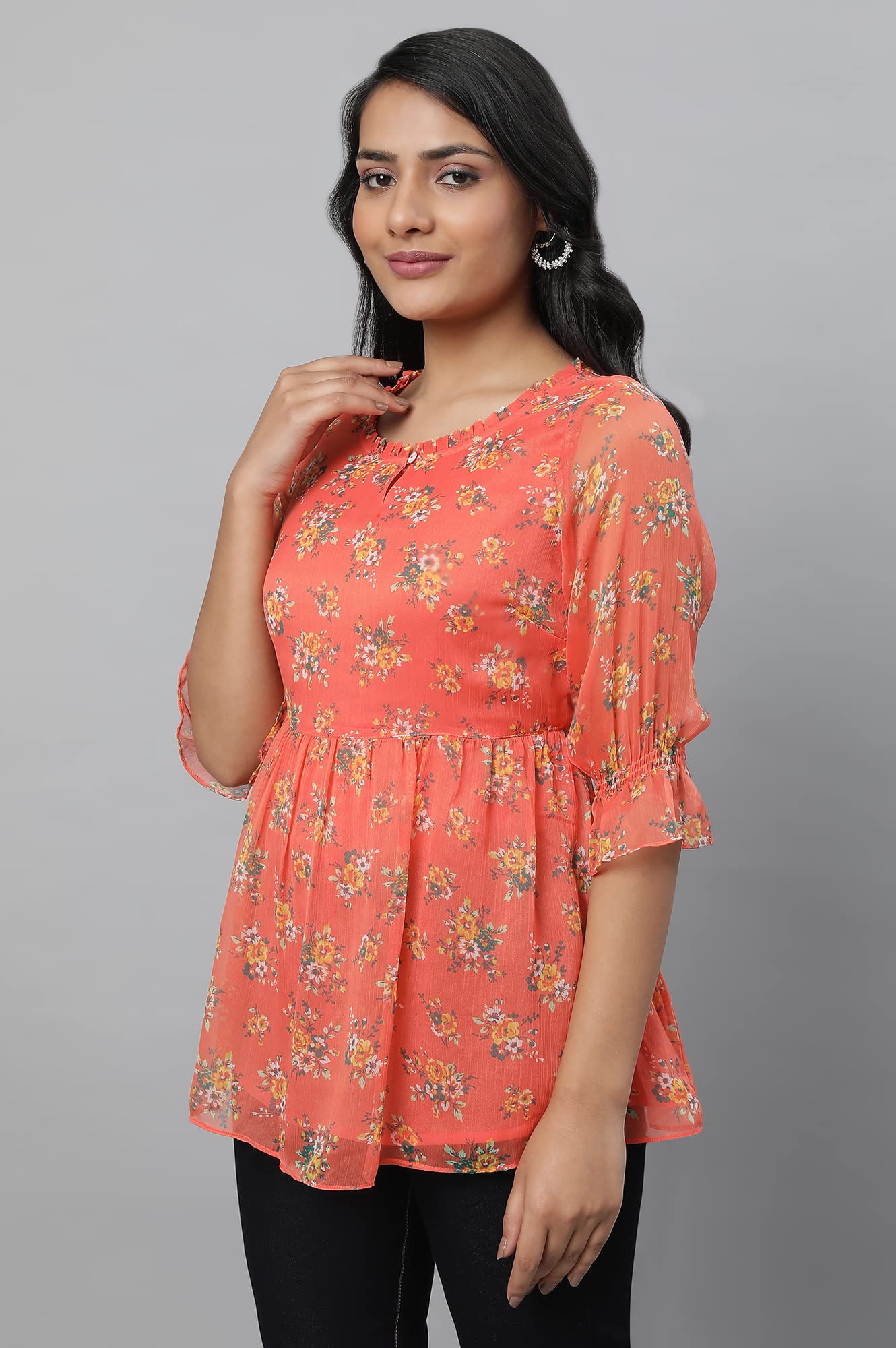 Aurelia Orange Floral Printed Printed Synthetic Regular Kurti For Women
