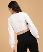 POPWINGS Women Casual Self Design White Deep V Neck Full Sleeve Crop Top