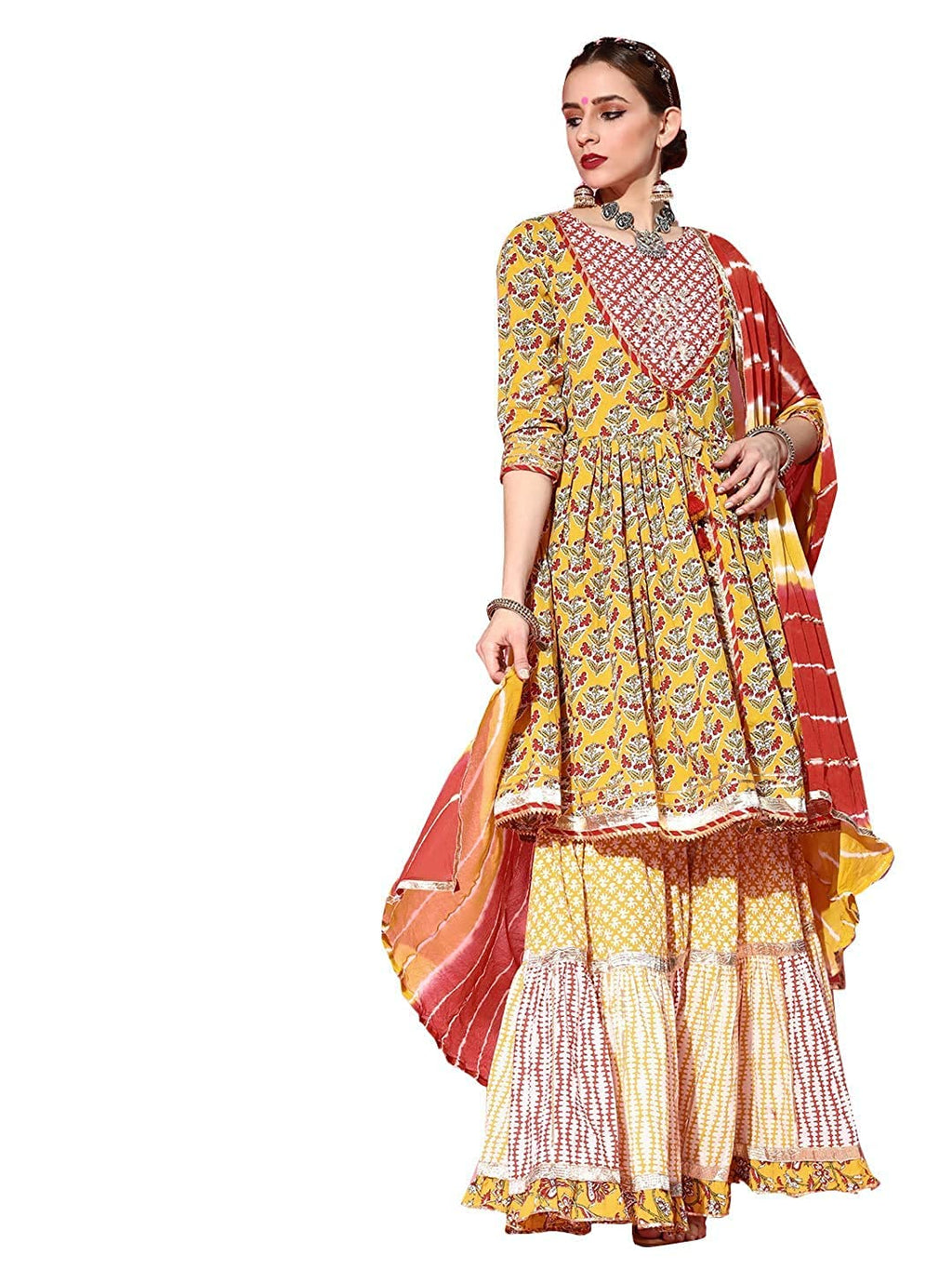Ishin Women'S Pure Cotton Embroidered A-Line Kurta Suit Set With Dupatta & Sharara Kpldsrd-19053_Xl_Mustard & Red