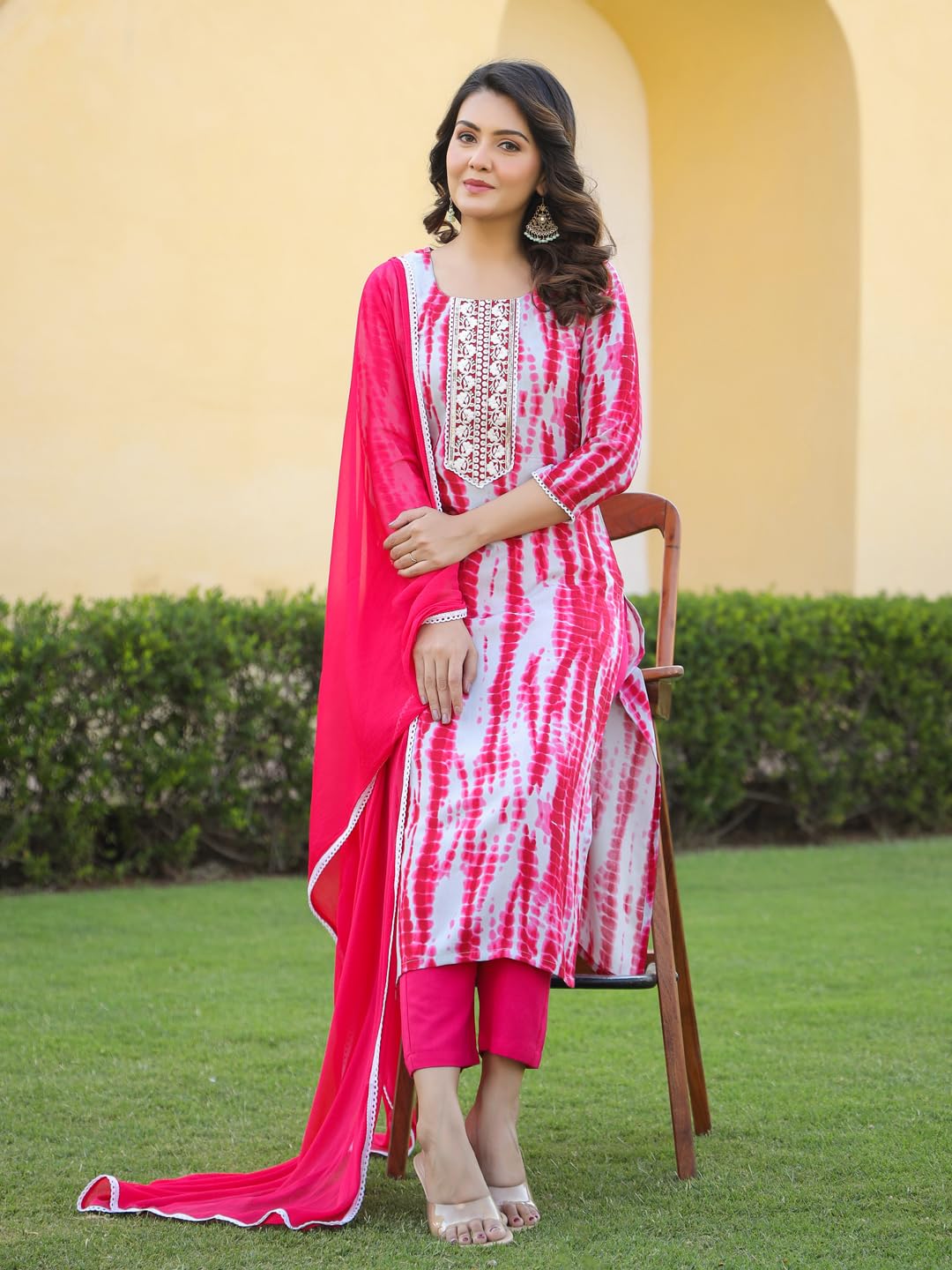 ANNI DESIGNER Women s Kurta Rayon Blend Pants with Dupatta, Pink, Medium