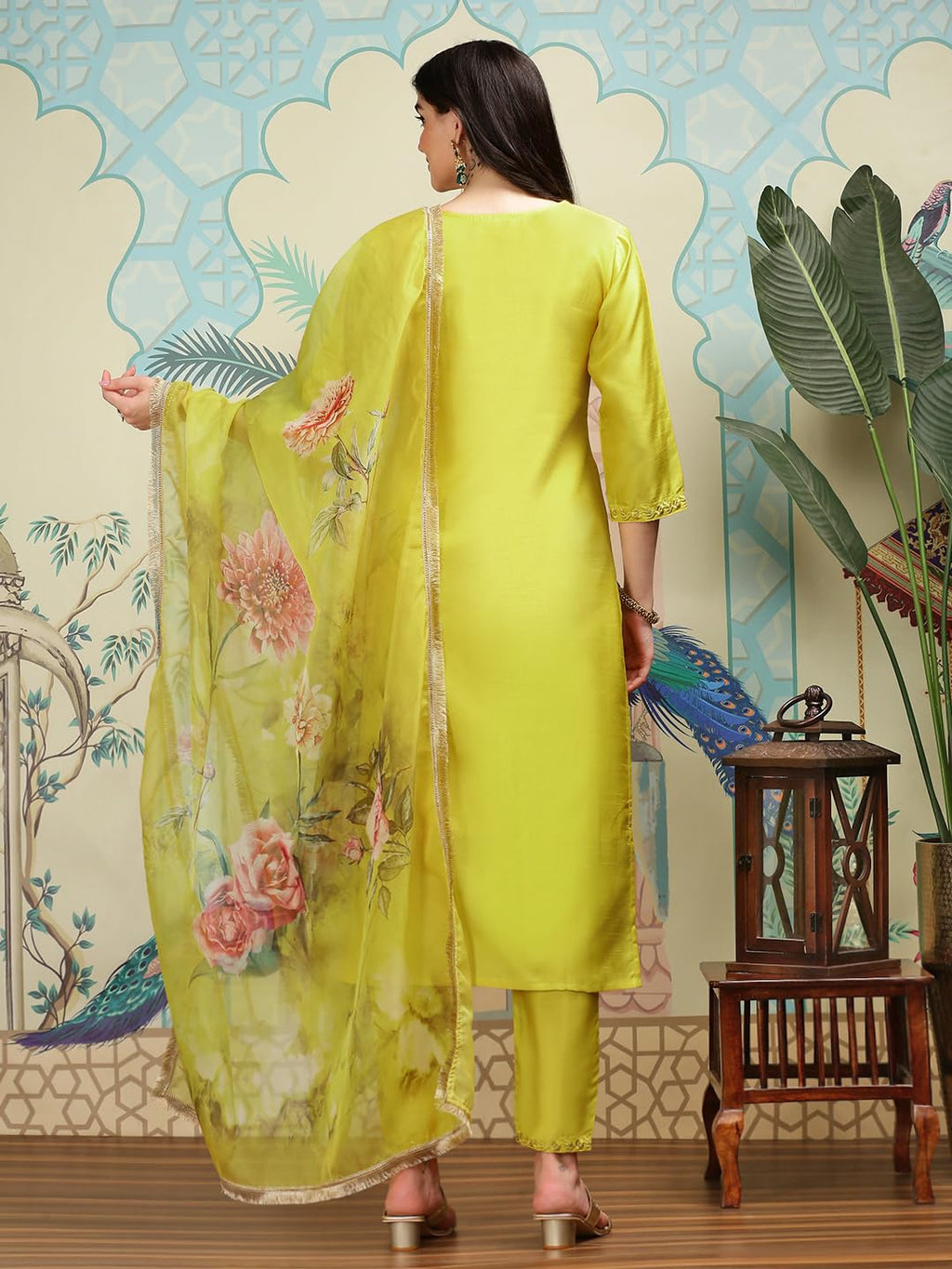 Ishin Floral Embroidered V-Neck Three-Quarter Sleeves Silk Chiffon Kurta Set | Kurta Set For Women | Kurta With Trousers And Dup