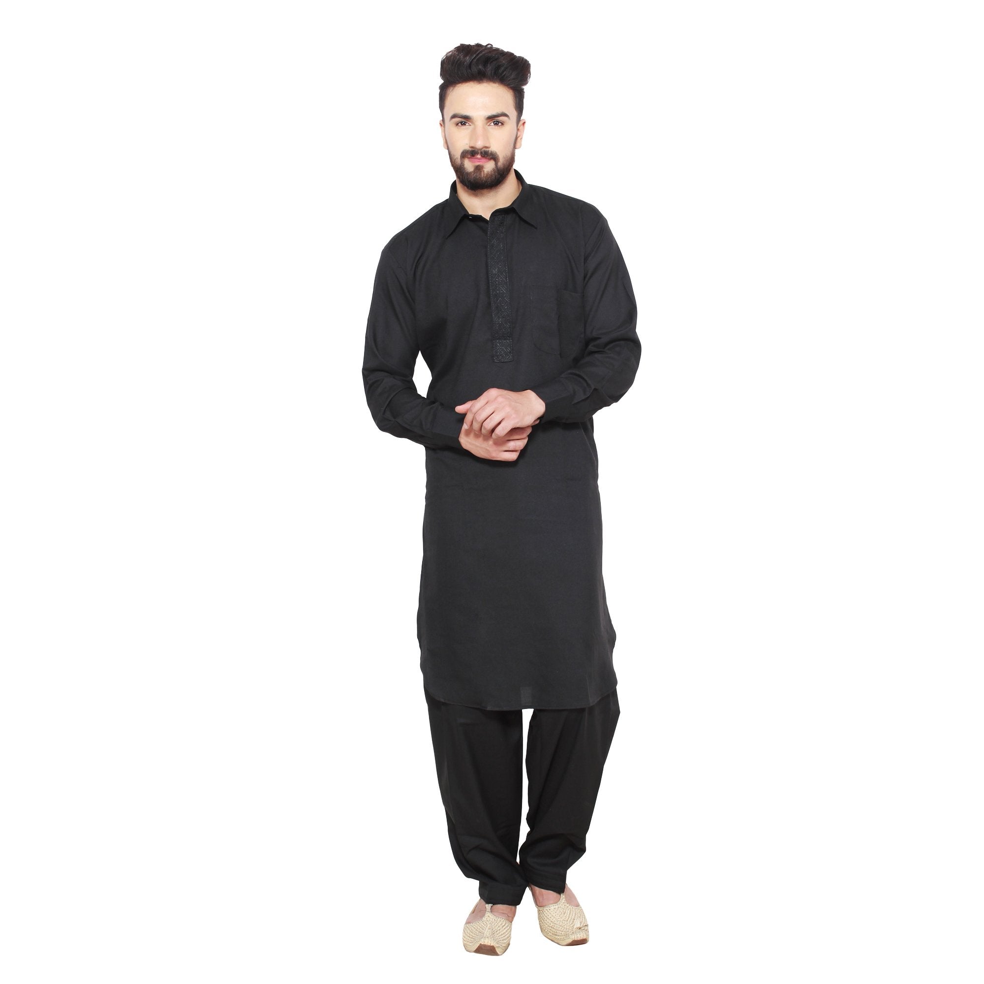 Sojanya (Since 1958, Mens Black Cotton Blend Pathani Kurta & Salwar SET, Size: XL