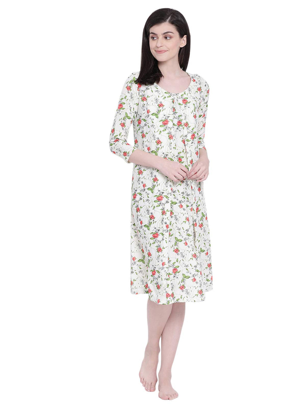 Clovia Womens Rayon Leaf Print Maternity Feeding Short Night Dress (NS1347P11_Beige_XXL)