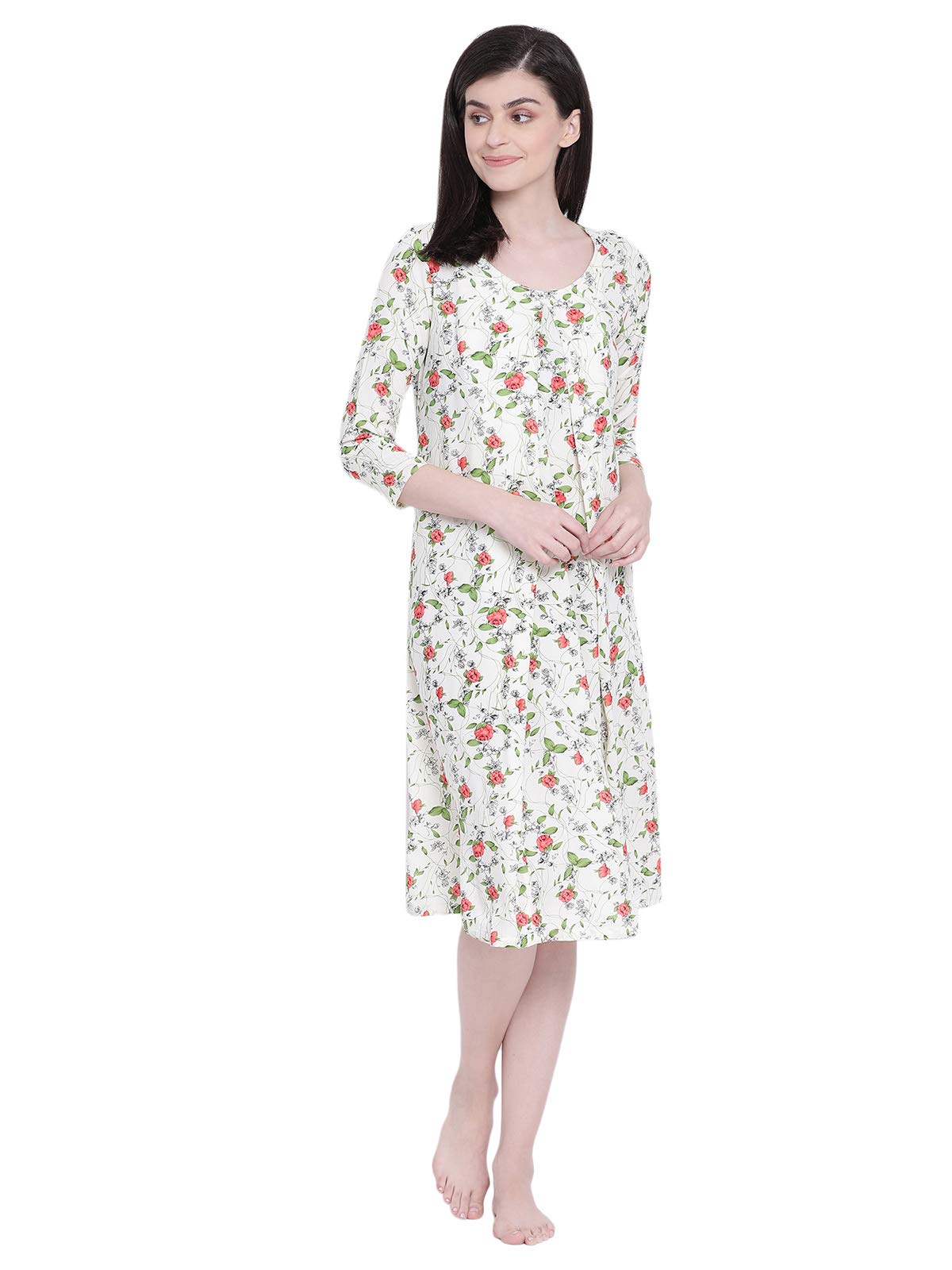 Clovia Womens Rayon Leaf Print Maternity Feeding Short Night Dress (NS1347P11_Beige_XXL)