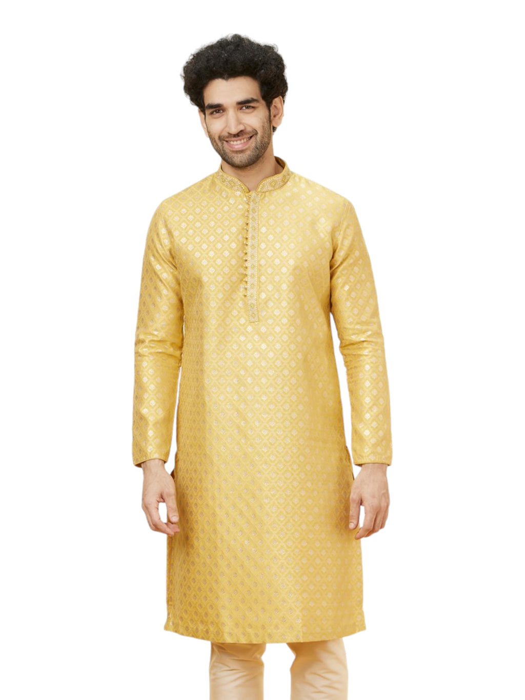 Manyavar Mens Yellow Art Silk JACQUARD Kurta Pyjama Set