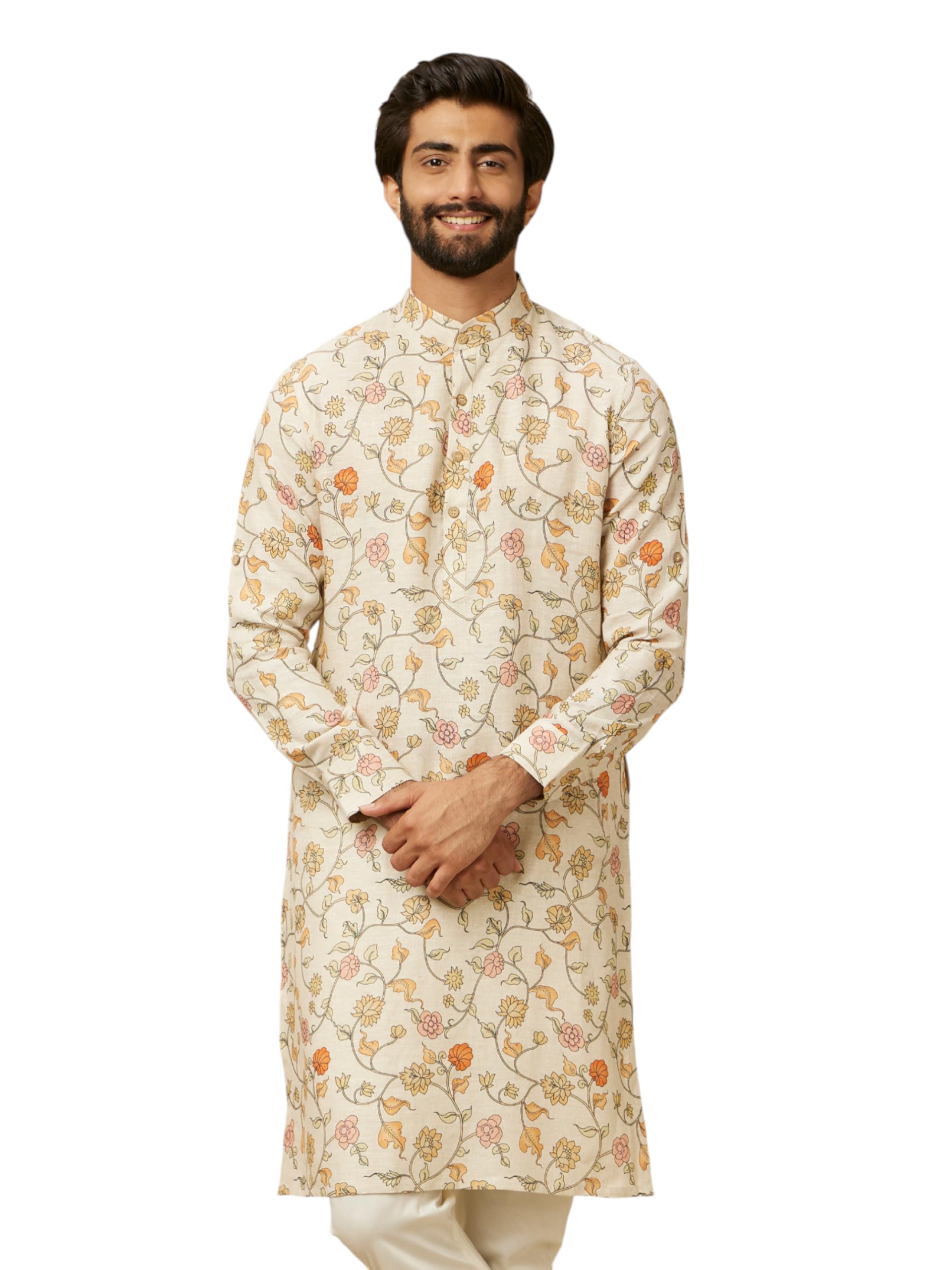 Manyavar Mens Beige Bel Buti Patterned Kurta (XXL)