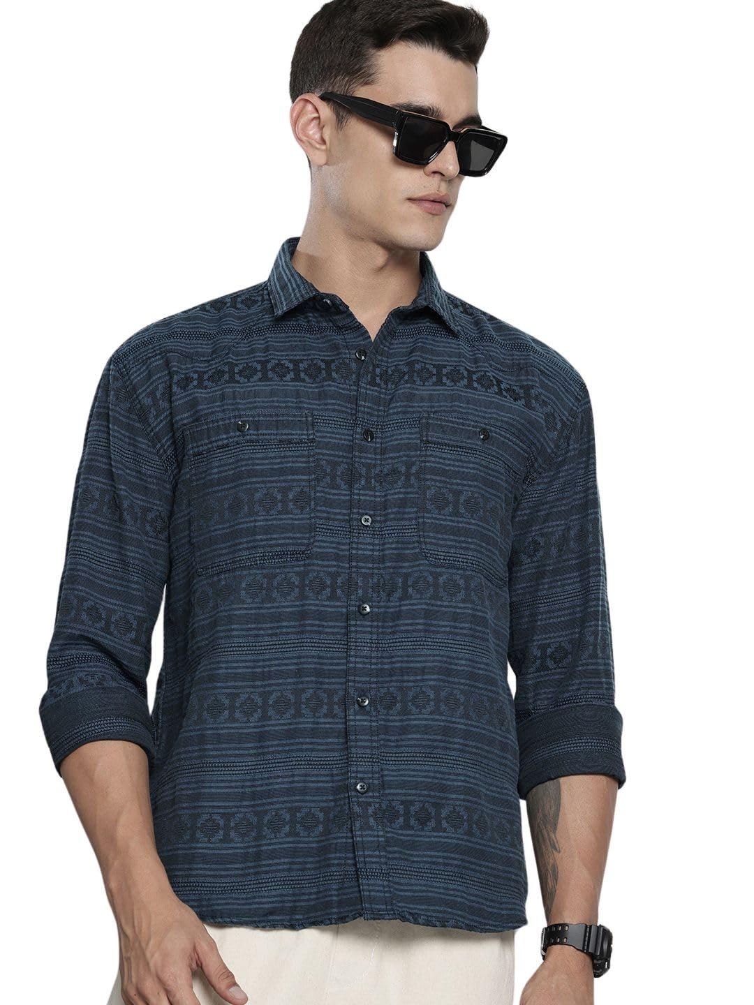 The Indian Garage Co Mens Relaxed Fit Textured Long Sleeves Resort Sweater