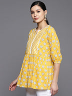 Libas Womens Pure Cotton Printed A-Line Kurtis (26142_Yellow