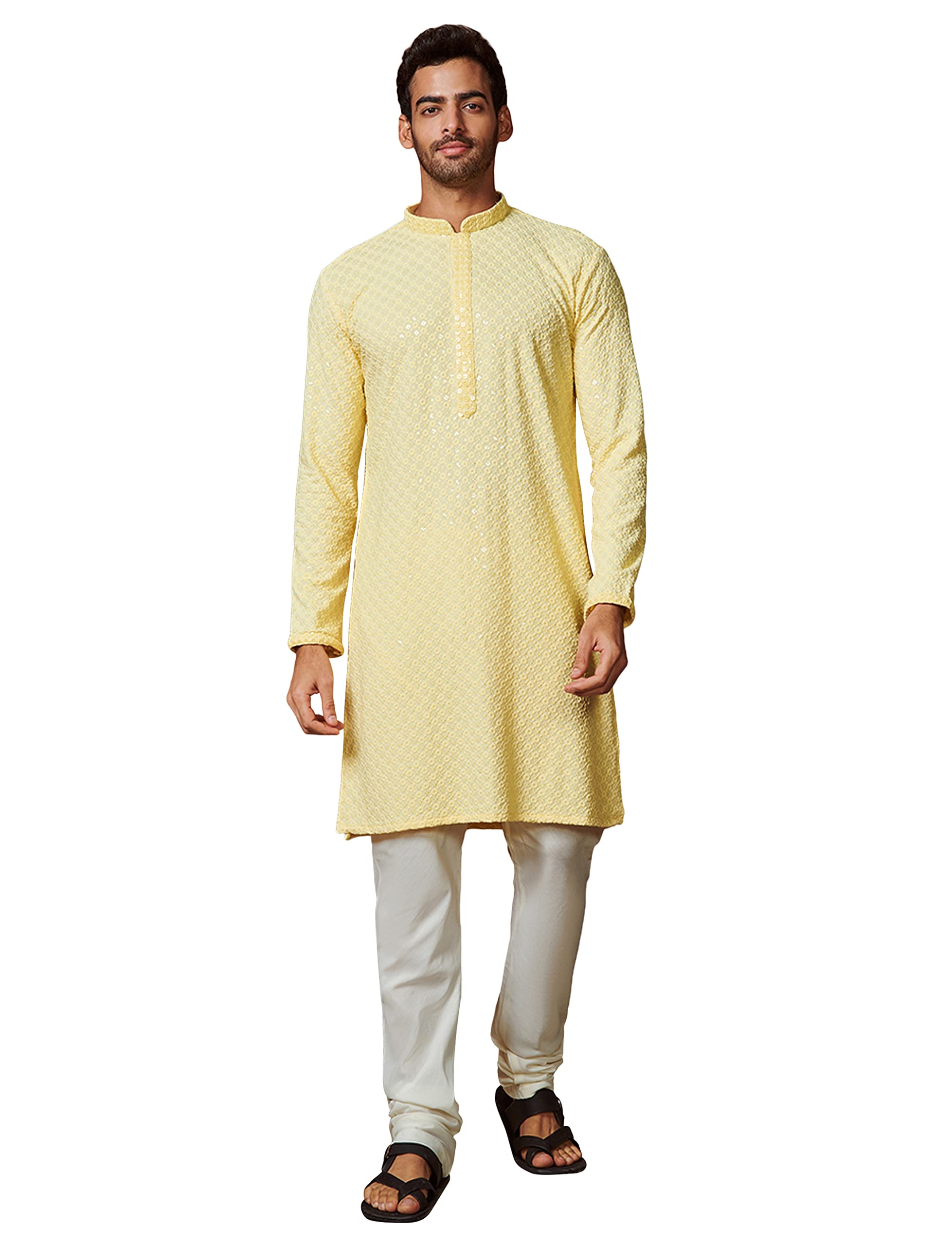 Manyavar Kurta Set for Men, Full Sleeves Mandarin Collar Ethnic Kurta Set for Diwali, Wedding, Party Embroidery (Yellow, XL)