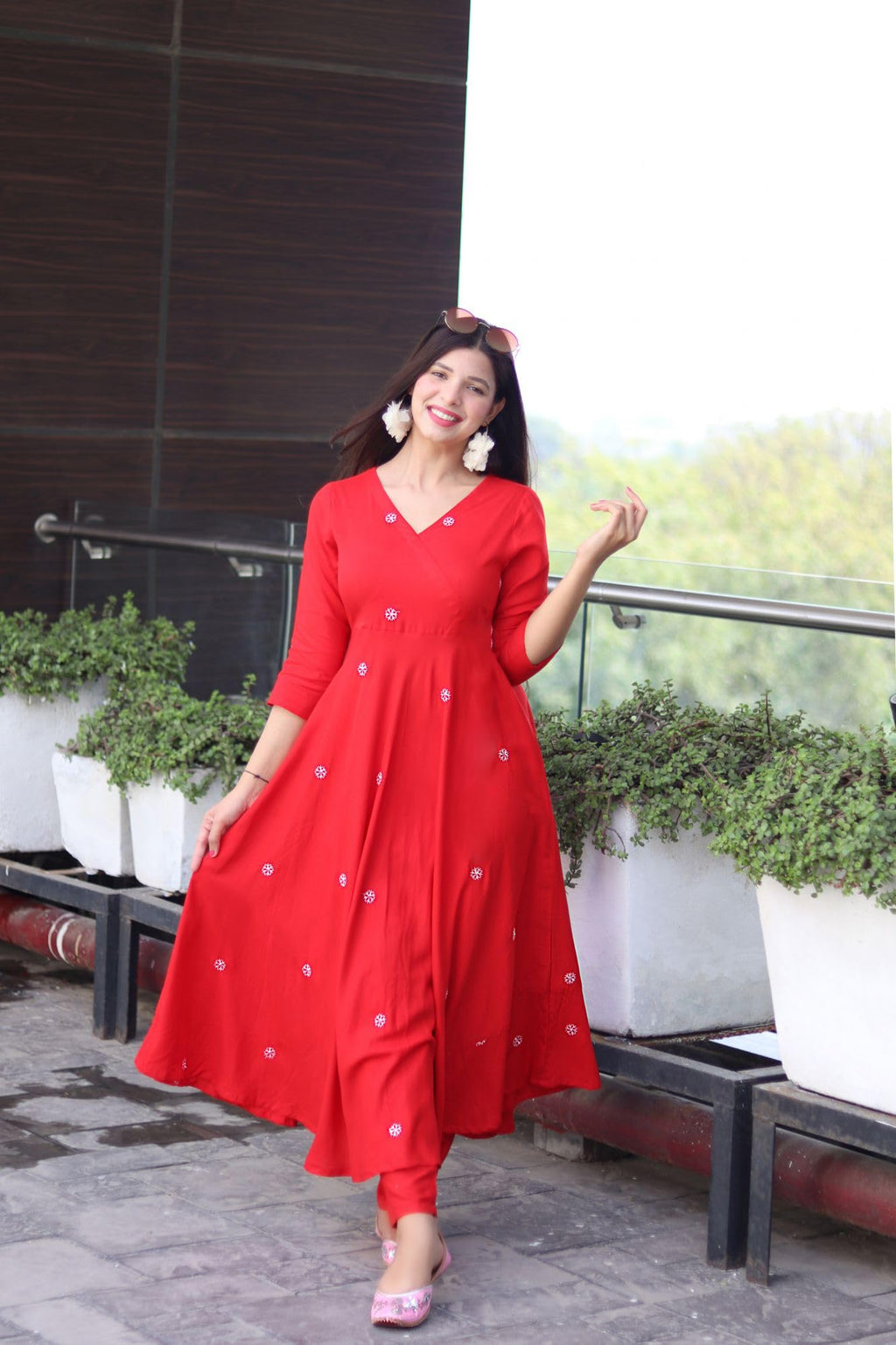 ANNI DESIGNER Ladies Cotton Blend Dupatta Kurta Trousers, red, XXL