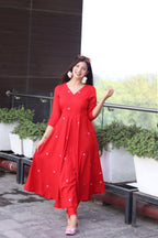 ANNI DESIGNER Ladies Cotton Blend Dupatta Kurta Trousers, red, M