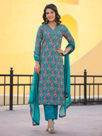 ANNI DESIGNER Women s Rayon Blend Printed Straight Kurta with Pants and Dupatta, Green, 36