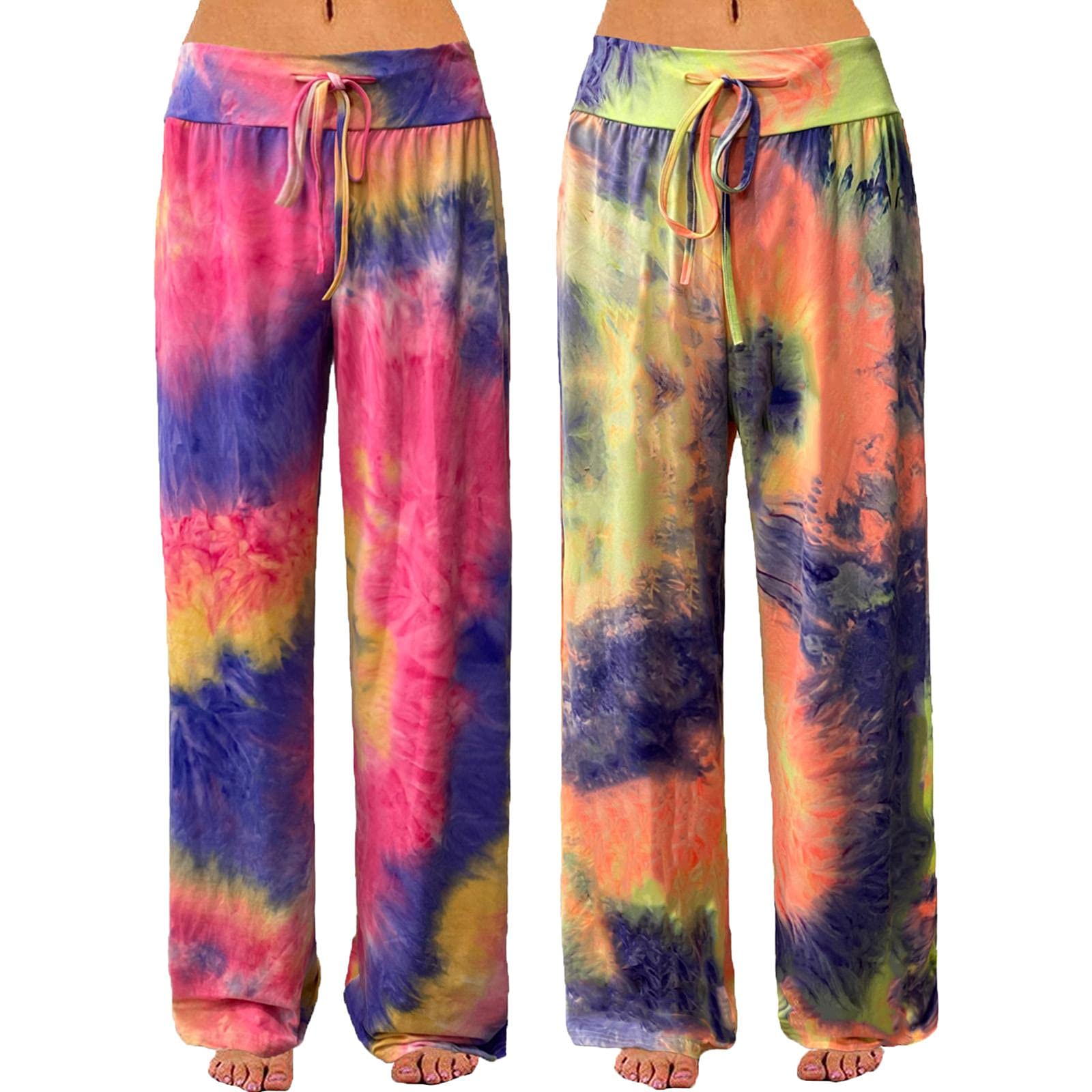 ROSA JUNIO Women's Comfy Pyjamas Casual Drawstring Floral Palazzo Lounge Stretch Wide Leg Pants, 2 Pack(#1+#6), Small