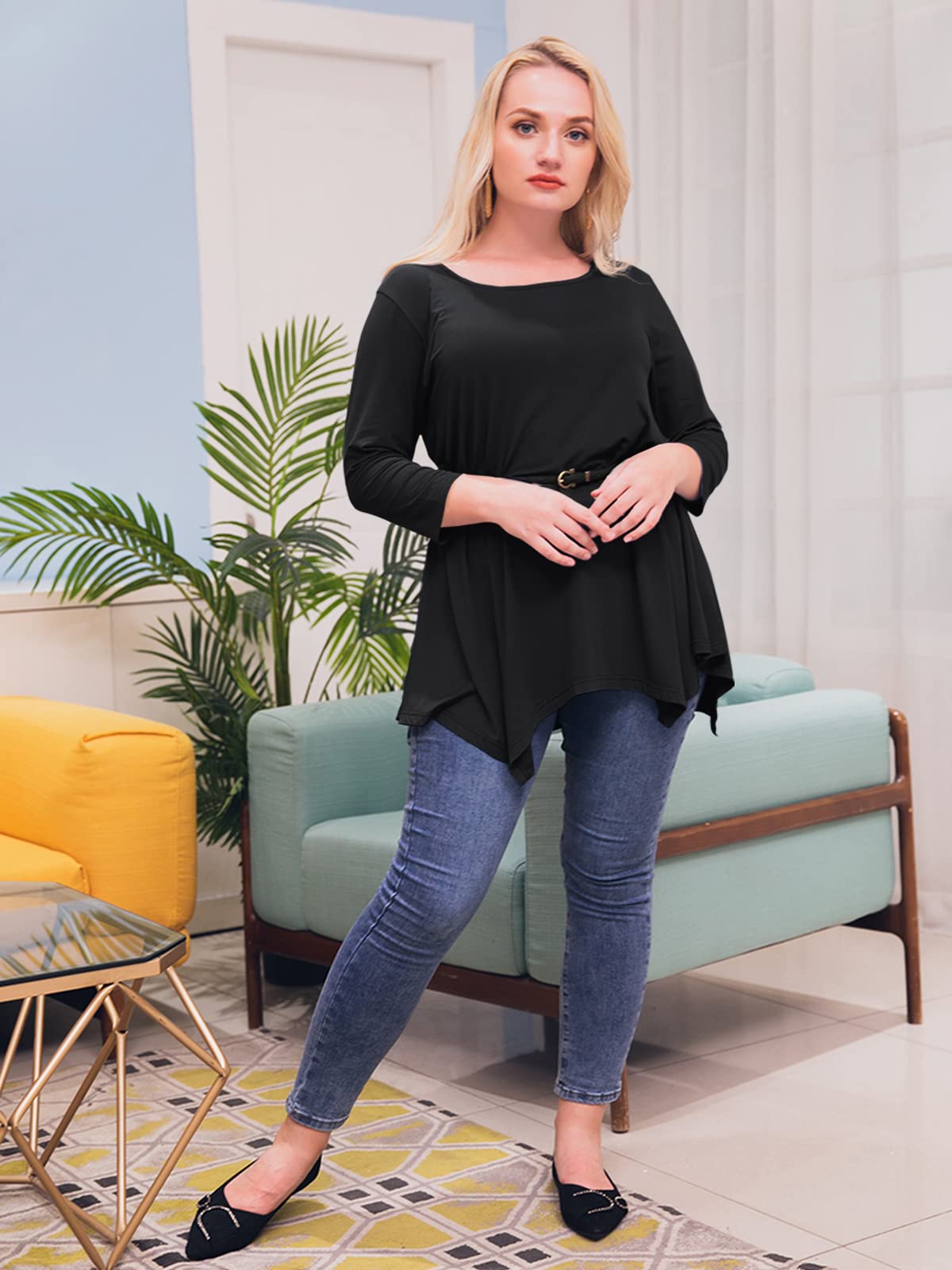 LARACE Plus Size Tops for Women 3/4 Sleeve Shirts Tunic Tops Loose Fit Basic Lady Clothes (1X, Black)