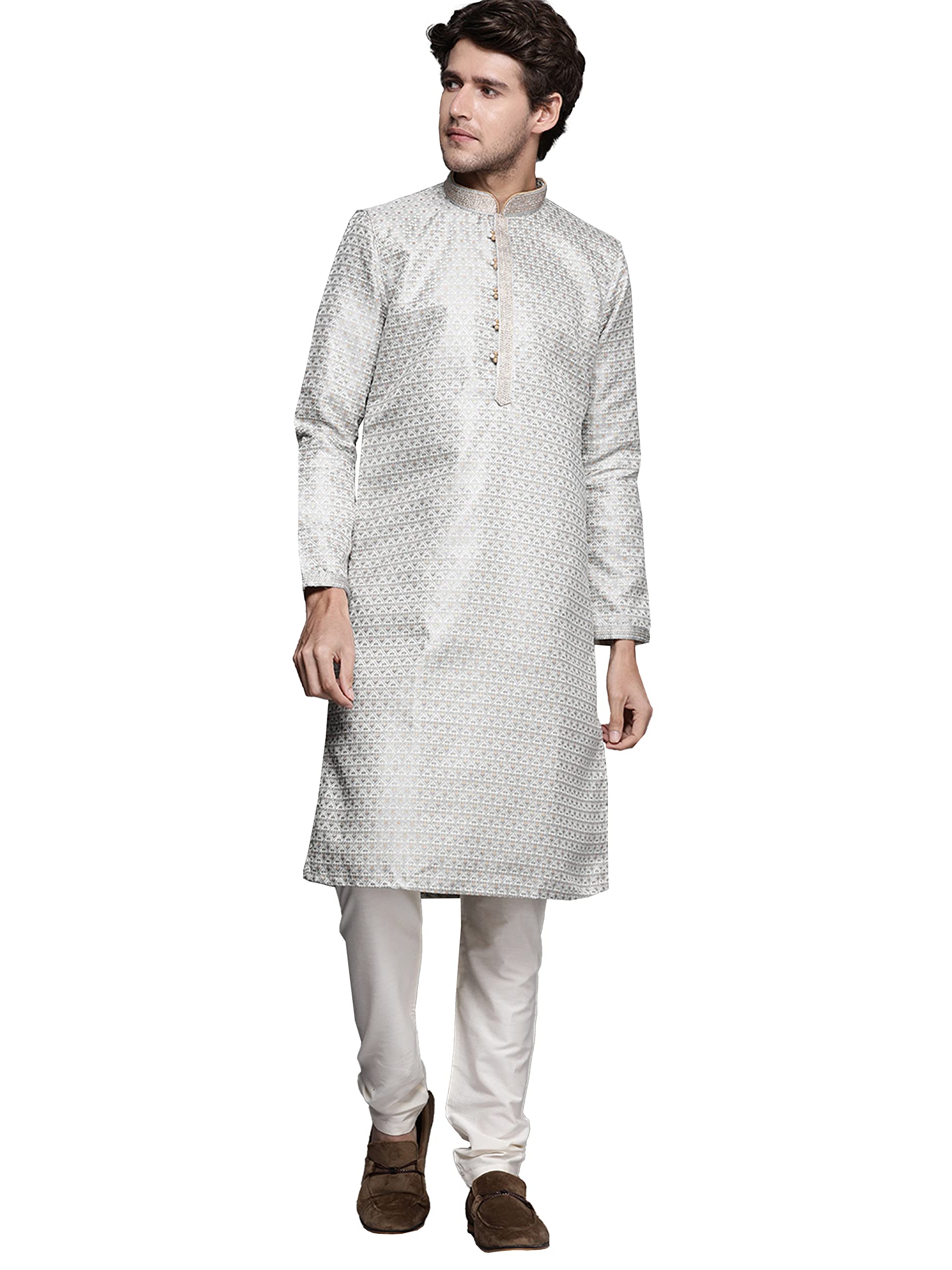 Manyavar Mens Cloud Silver Grey Self-Patterned Kurta Set (Dark Grey,S)
