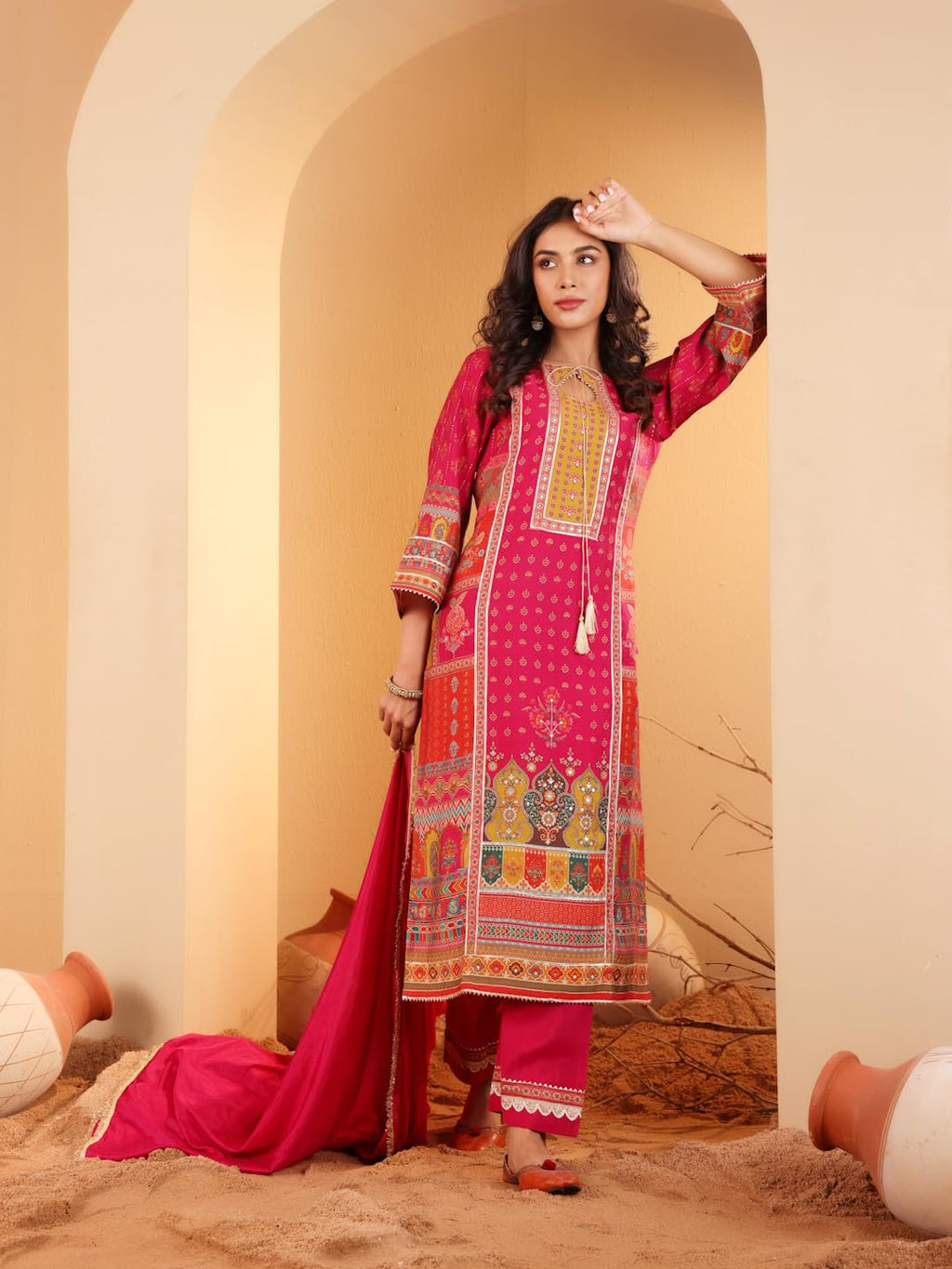 Varanga Women Fuchsia Pink Ethnic Printed Straight Kurta With Embroidered Trouser  Stylish Ethnic Set