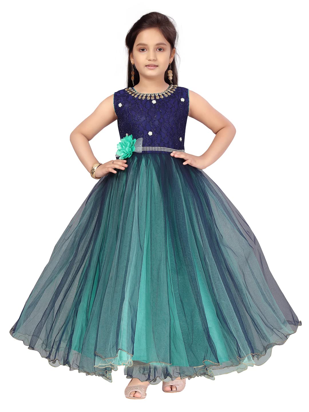 Aarika Girls net a-line Maxi Dress (G-AG-08_Green-Navy_9-10 Years)