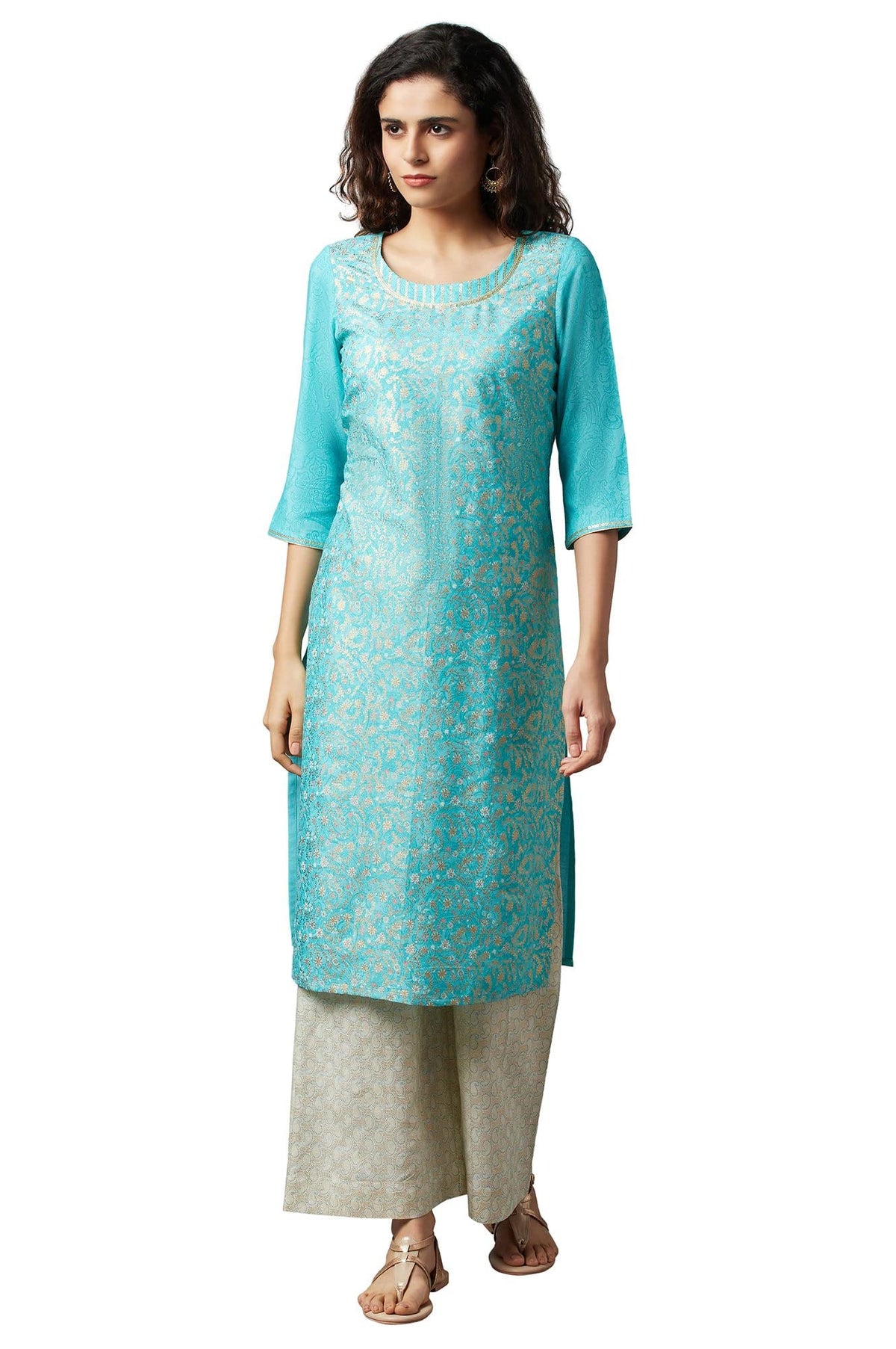Aurelia Blue Festive Kurta And Palazzo Set (Size: L)-23Feas14284-505231