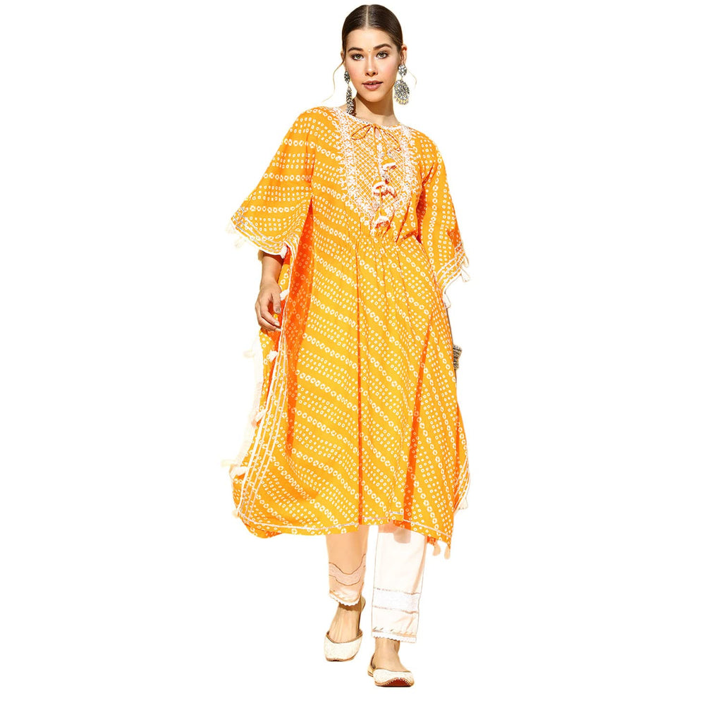 Ishin Women'S Cotton Yellow & White Zari Embroidered Kaftan Kurta Trouser Set