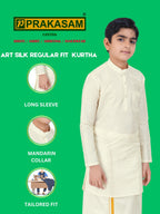 Prakasam Cotton Boys Cream Art Silk Long Sleeve Kurtha With Stitched Art Silk Cream Dhoti For Boys