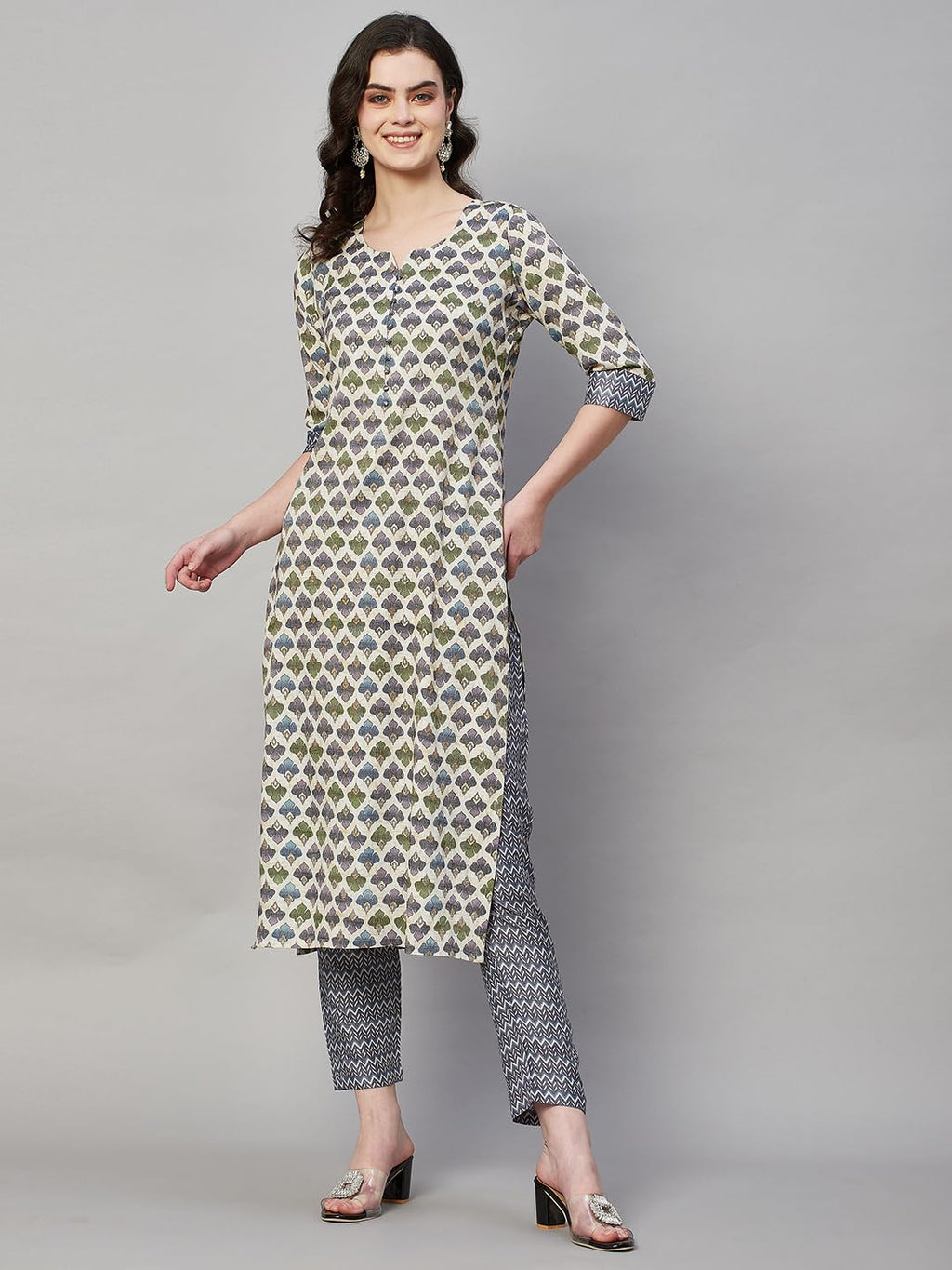 ANNI DESIGNER Ladies Cotton Blend Kurta & Trousers, cream, L