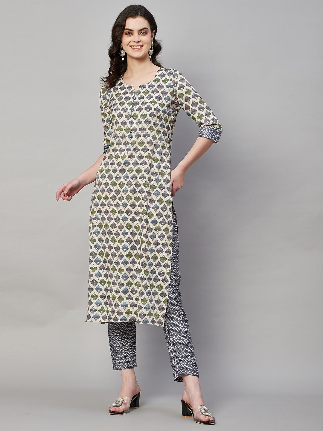 ANNI DESIGNER Ladies Cotton Blend Kurta & Trousers, cream, L