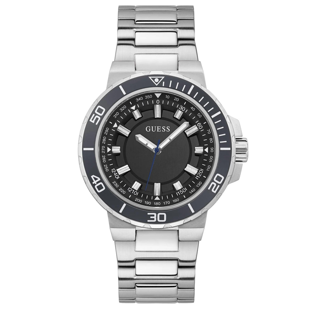 GUESS Men's Sport Diver-Inspired 44mm Watch - Black Dial Silver-Tone Stainless Steel Case & Bracelet