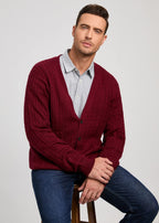 Kallspin Men's Cardigan Sweater Cashmere Wool Blend Cable Knit V Neck Buttons Cardigan with Pockets(Burgundy Red, Medium)