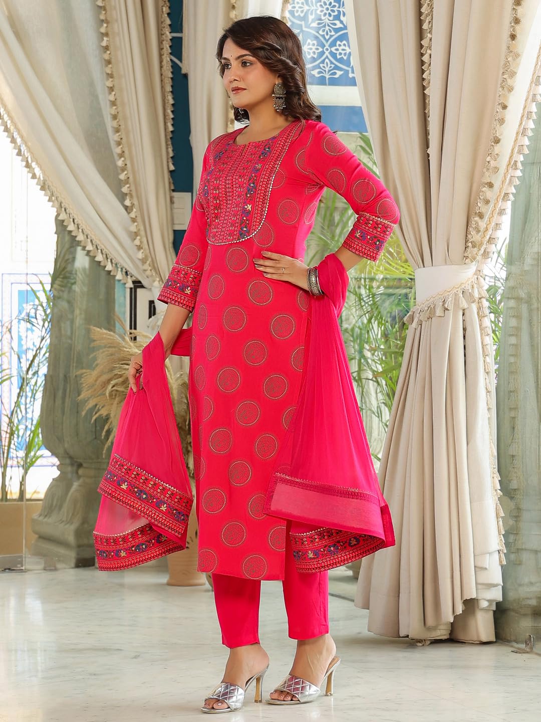 ANNI DESIGNER Ladies Cotton Blend Kurta with Trousers and Dupatta, pink, M