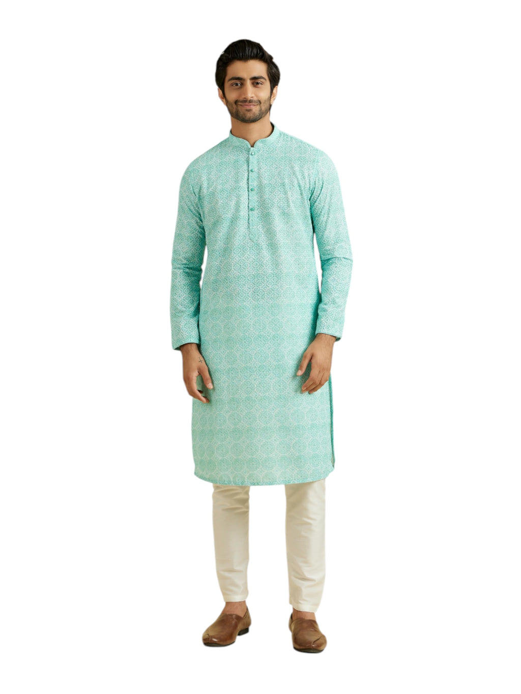 Manyavar Mens Cotton Blend Embroidered Kurta Pyjama Set (Aqua Green,XXXL)