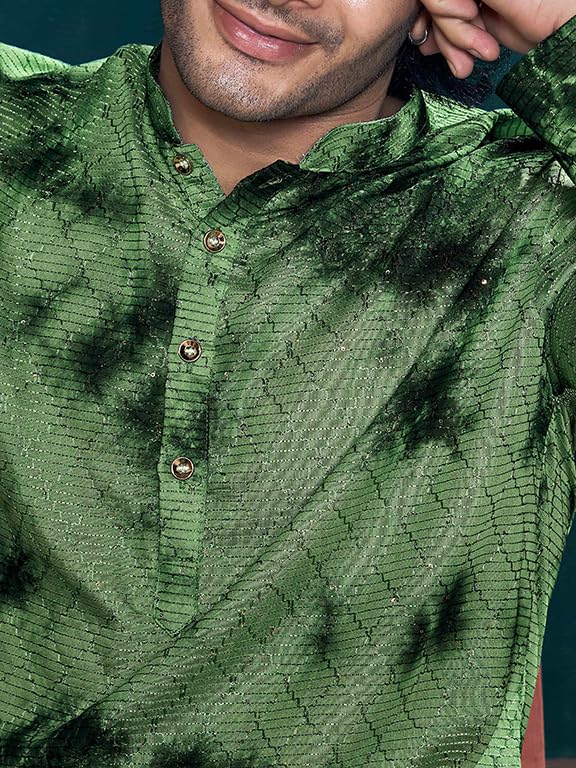 Vardha MenS Viscose Sequence Stitched Kurta, Flowy Green Pattern Shibori Dyed Ethnic Kurtas For Men, Mandarin Collar, Pearl But