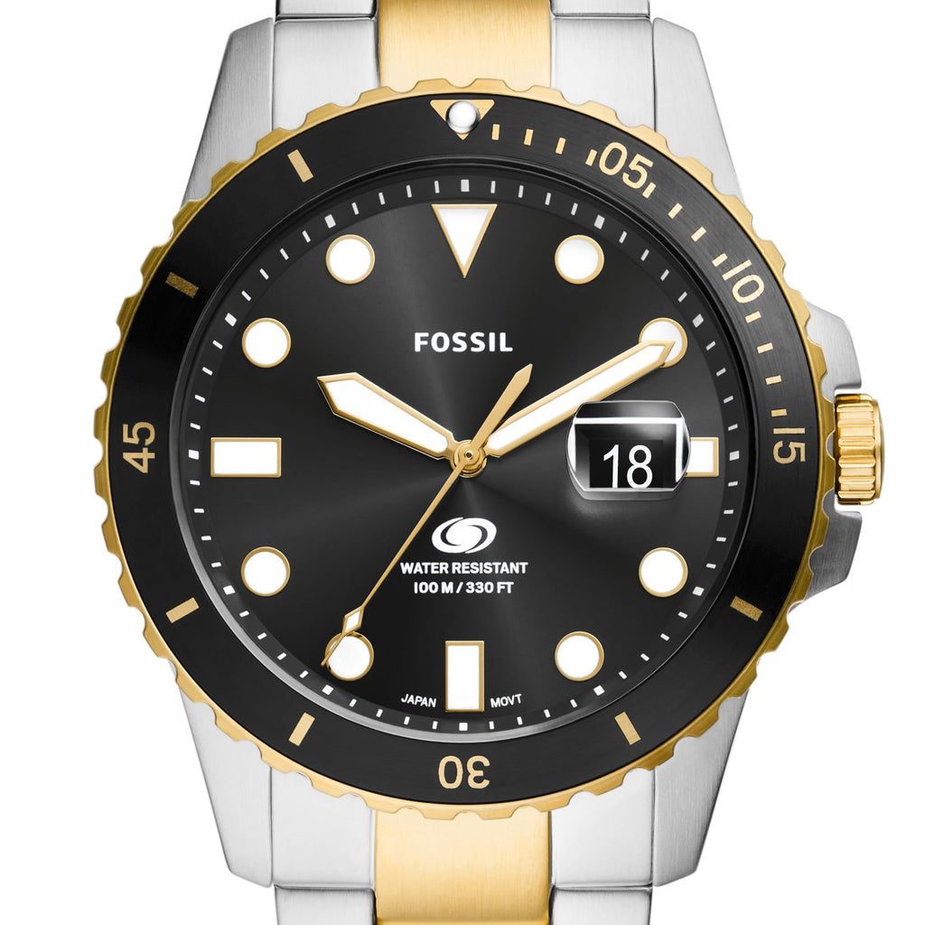 Fossil Men's Blue Quartz Stainless Steel Three-Hand Watch, Color: Two Tone/Black Taper (Model: FS6031)