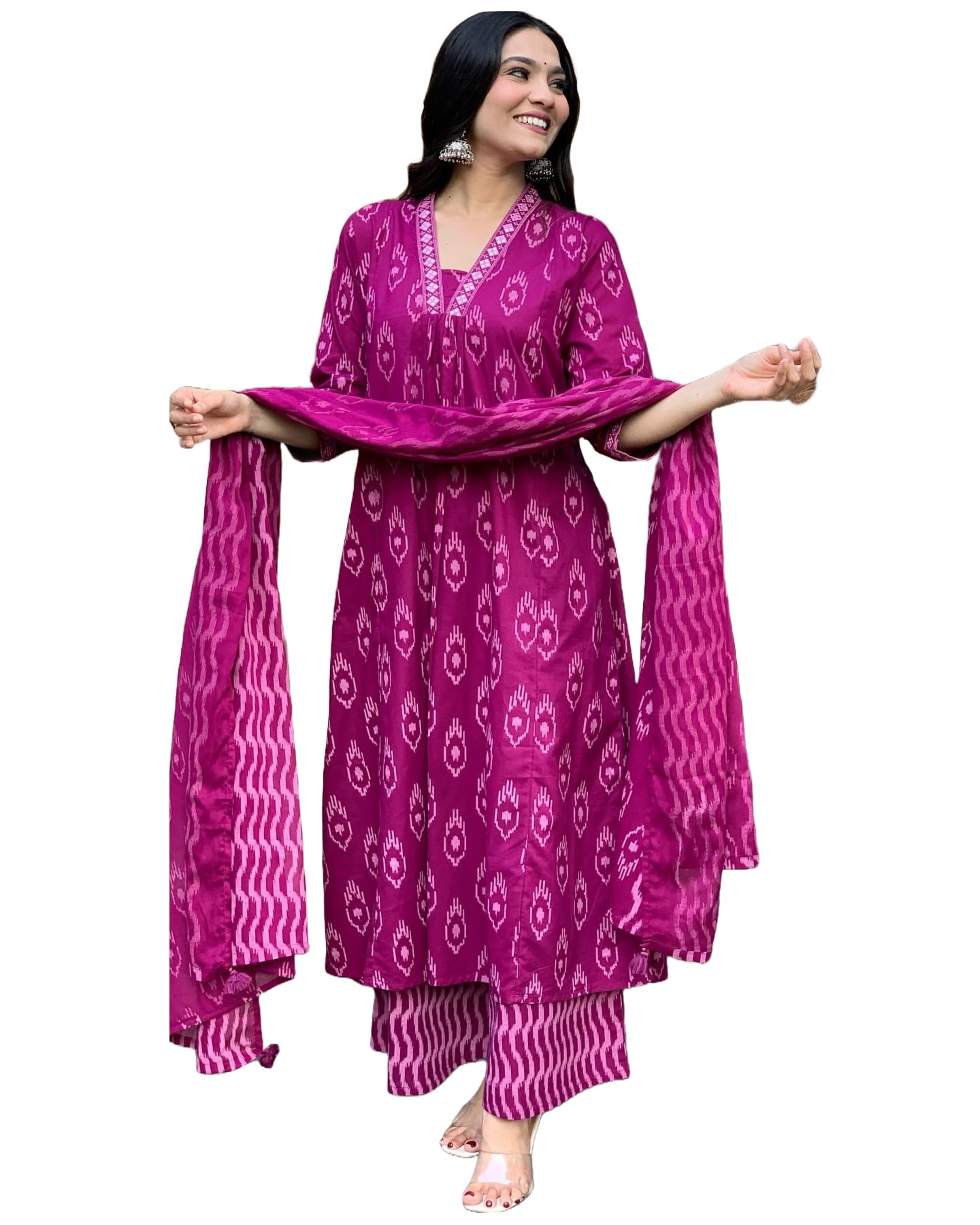 ANNI DESIGNER Womens Rayon Viscose Printed Anarkali Kurta with Palazzo & Dupatta (DIPA Rani_M_Pink_Medium)