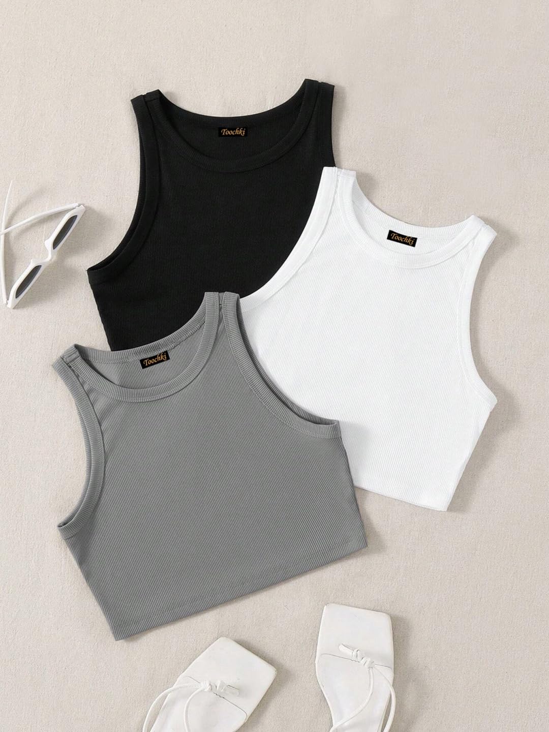 Toochki Tops for Woman | Spandex Top | Crop | Short | Western | for Jeans | Sleeveless | Stretchable | Pack of Three | Black-Whi